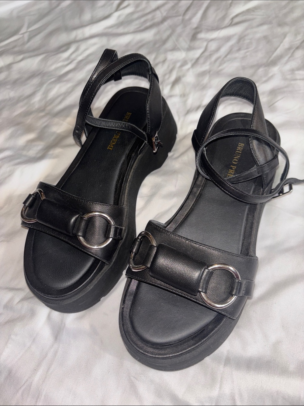 Bruno Premi Black Leather Ankle-Strap Platform Sandals